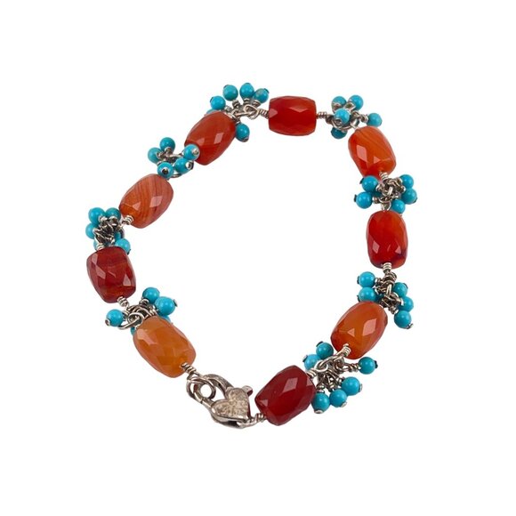 Carnelian & Turquoise Beaded Bracelet With Silver Lobster Clasp - Picture 2 of 6